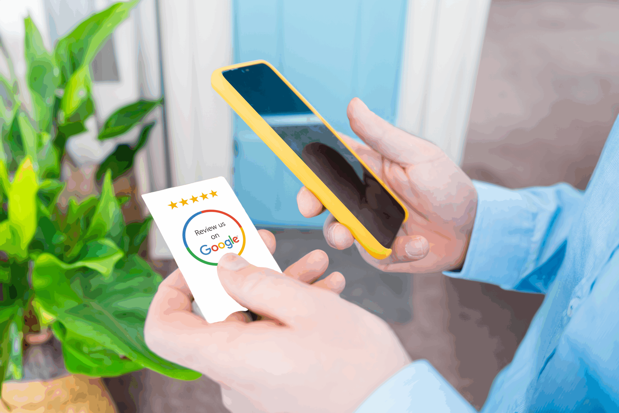 Hands holding a smartphone and a google review cards handout with five stars and the “Review us on Google” logo, encouraging customers to leave a review.